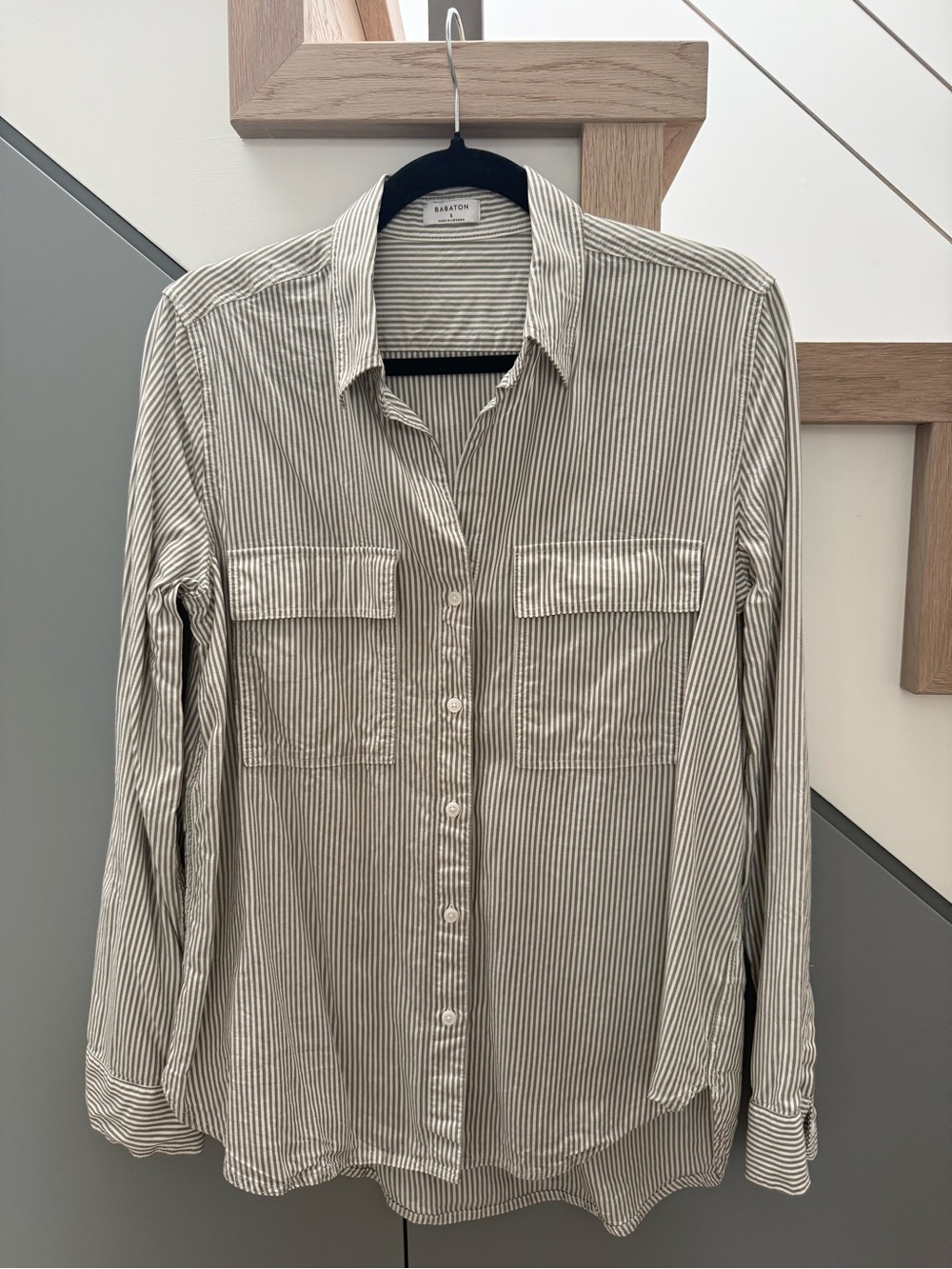 Babaton Thin Striped Button-Down Shirt in White and Tan